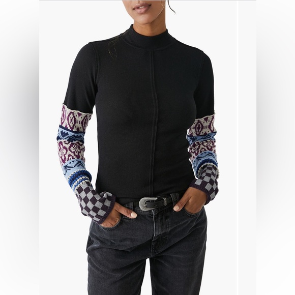 We The Free People Gorgeous Cuff Thermal Top XS Knit Sleeve Thumbhole Fair Isle - Picture 2 of 14
